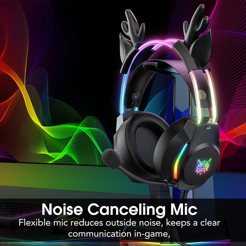 ONITOON Gaming Headset with Microphone, Deer Ears Headphones for PC Laptop PS4 PS5 Xbox Switch, Rainbow RGB Lighting & Virtual Surround Sound, 3.5mm Over Ear Headphones, Ergonomic - Image 3